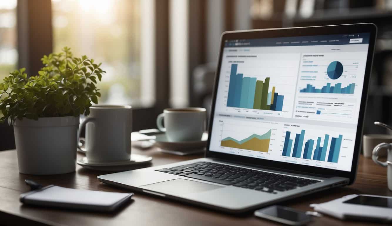 A computer screen displaying various affiliate marketing analytics tools with charts and graphs, surrounded by a desk with a notebook, pen, and coffee mug