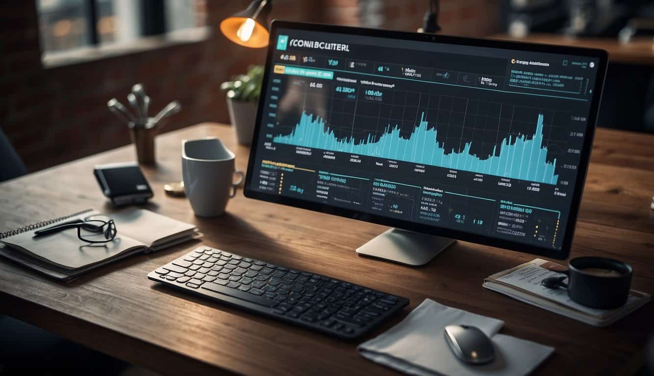 A computer screen displaying website analytics tools with charts and graphs. Mouse pointer clicking on different metrics