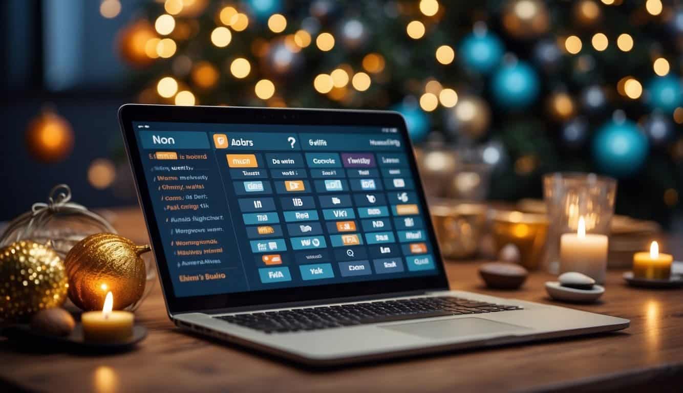 A festive calendar with various marketing channels (social media, email, ads) coordinated for holiday promotions