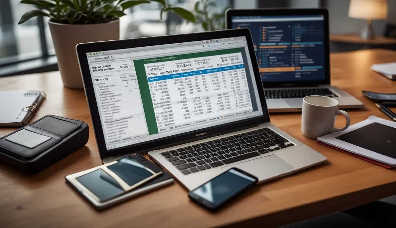 A desk with a computer displaying PPC budget management software, alongside a calculator, notepad, and pen