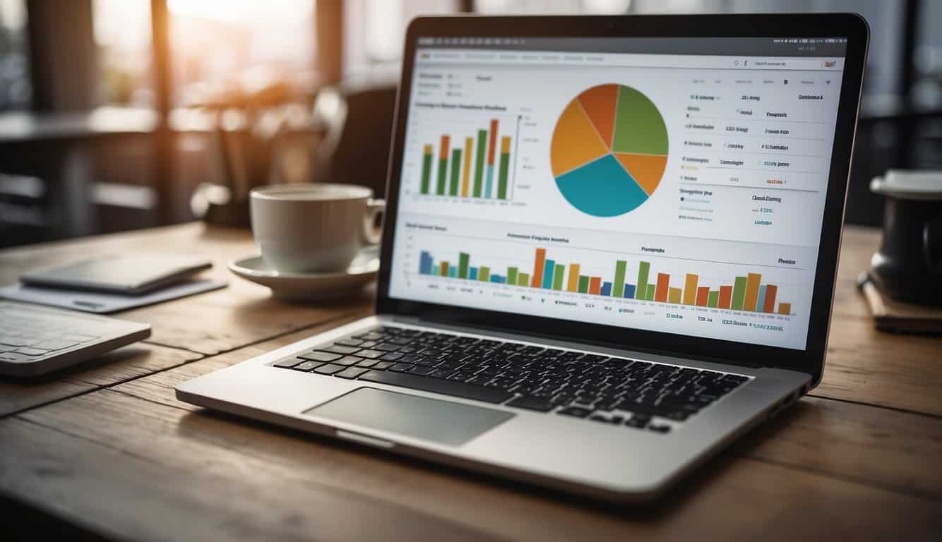 A laptop with e-commerce SEO analytics tools open on the screen, surrounded by graphs and charts, with a magnifying glass hovering over the data