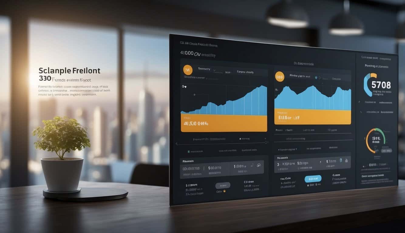 A pricing table with tiered options, a customer support chat window, and a graph showing scalability