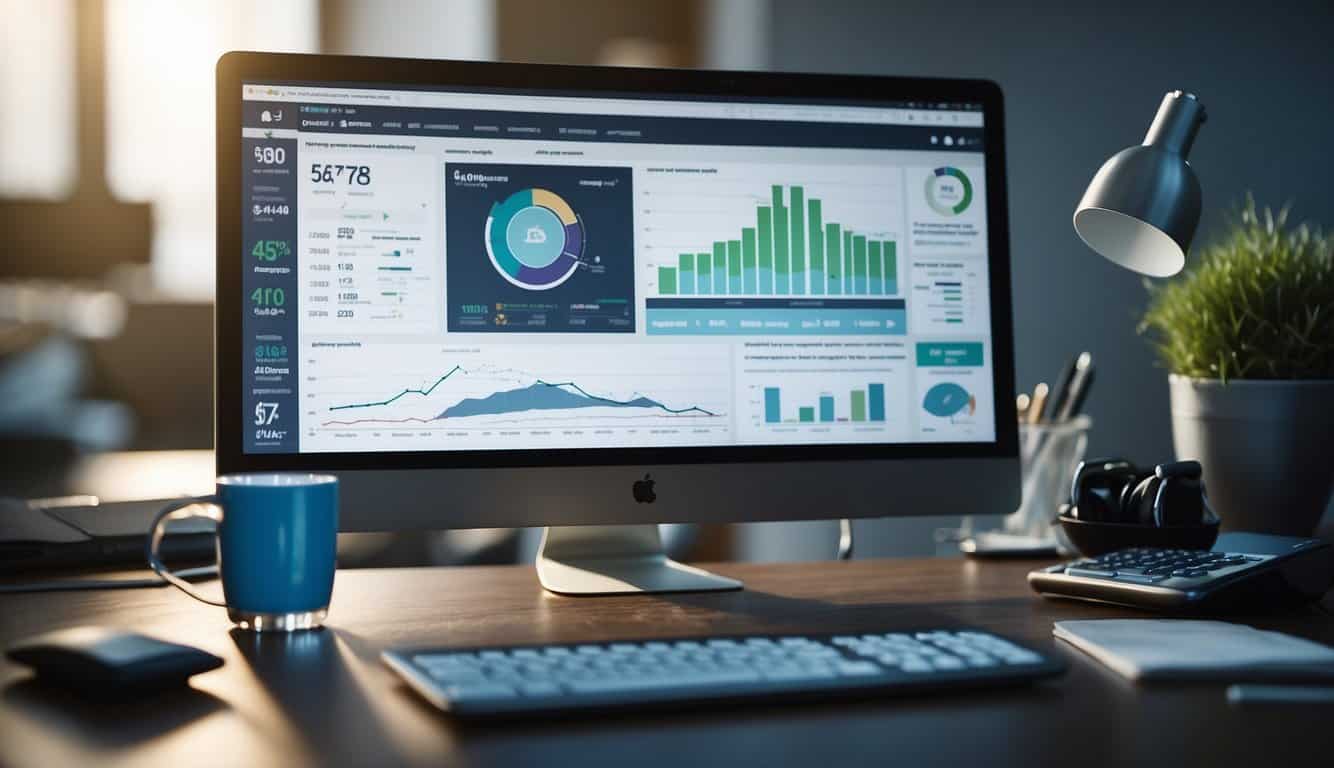 A computer screen displaying SEO analytics with ROI tracking data, surrounded by various digital marketing tools and charts