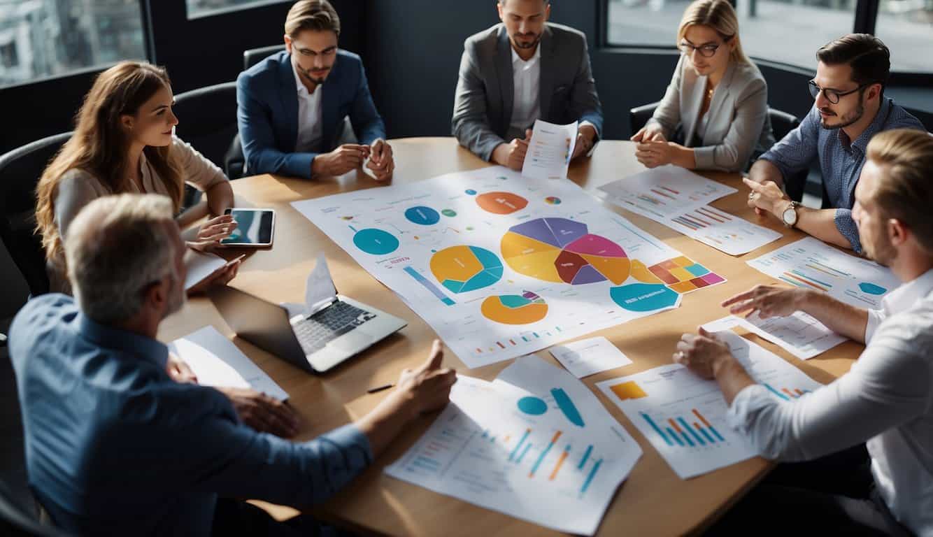 A group of people brainstorming around a table, with charts and graphs on the wall, discussing content creation and distribution strategies