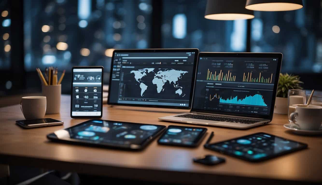 A table with various mobile analytics tools and platforms displayed on multiple screens