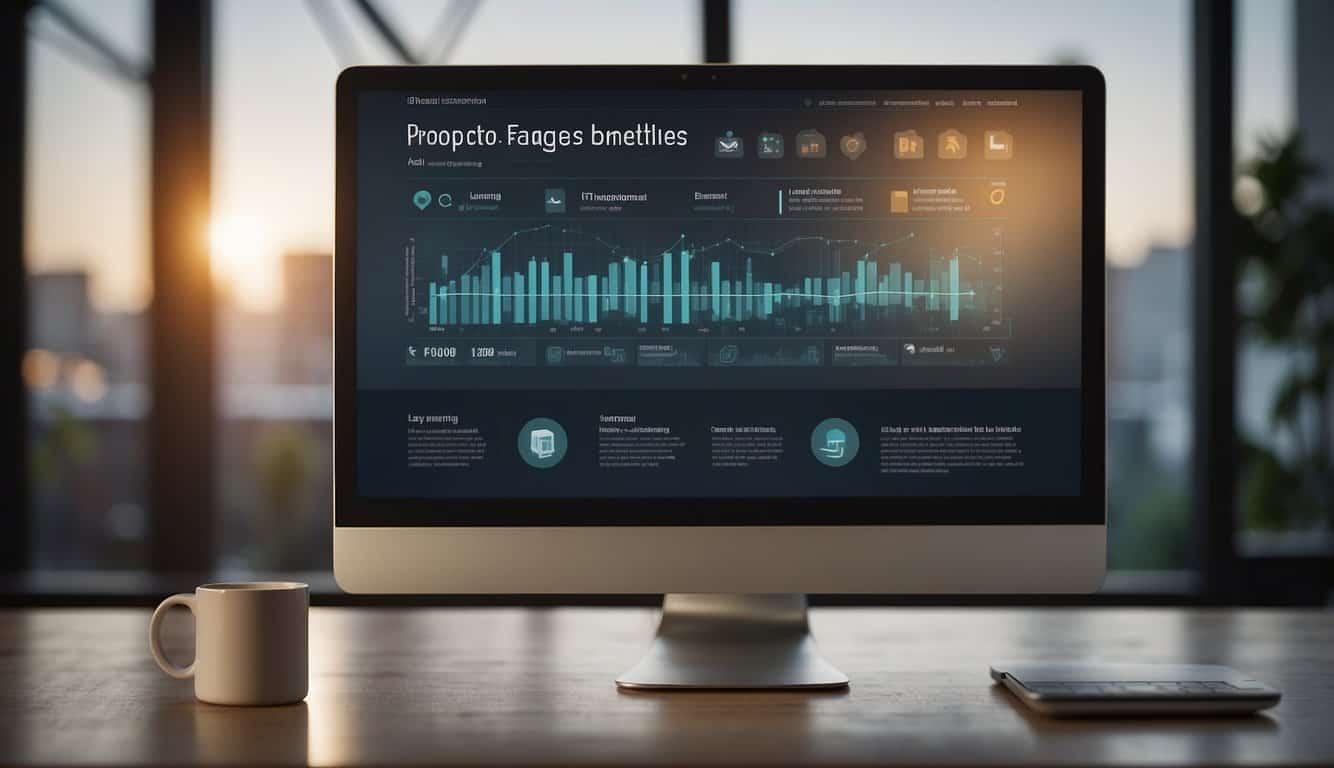 A computer screen displaying a landing page builder interface with drag-and-drop functionality, customizable templates, and analytics tools