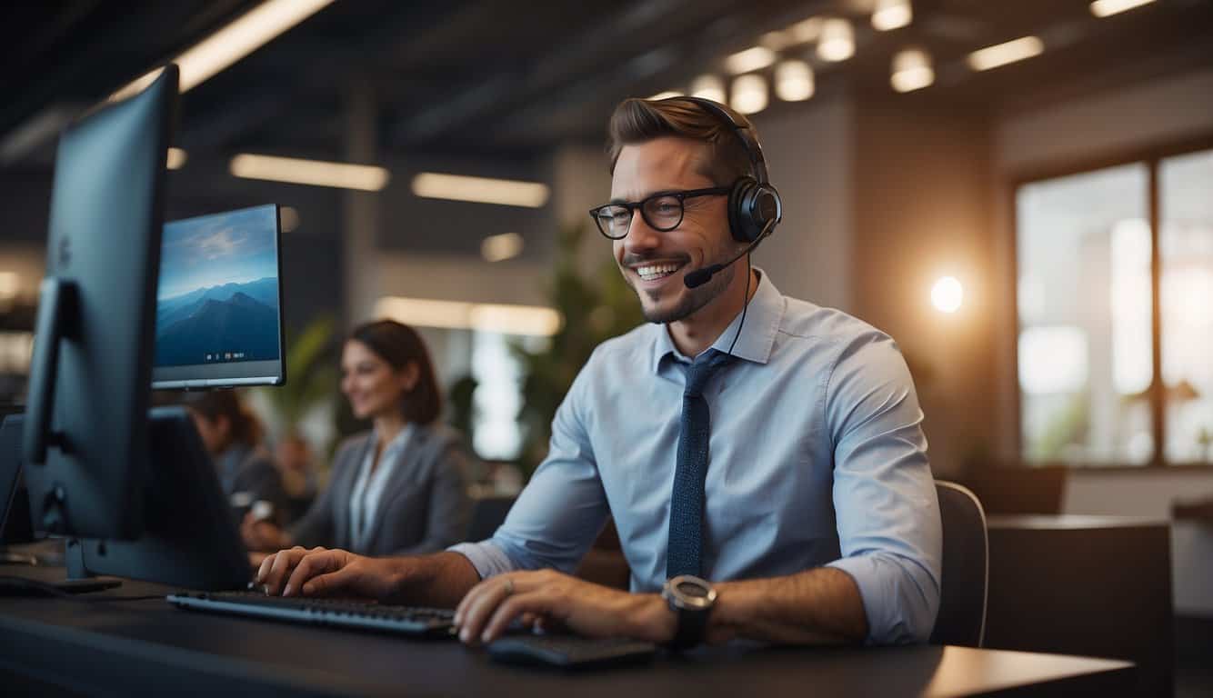 A customer service representative engages with a client through a seamless digital platform, providing personalized recommendations and support