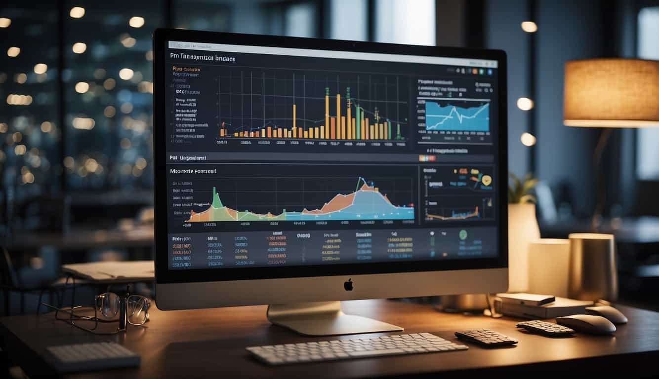 A computer screen displays various PPC budget management tools in action, with graphs and data visualizations