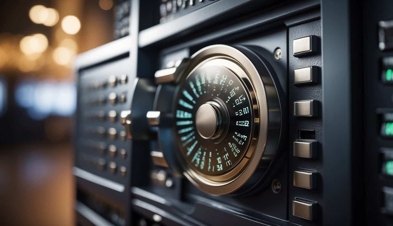 A locked vault with a digital keypad, surrounded by layers of encryption and firewalls, protecting CRM data