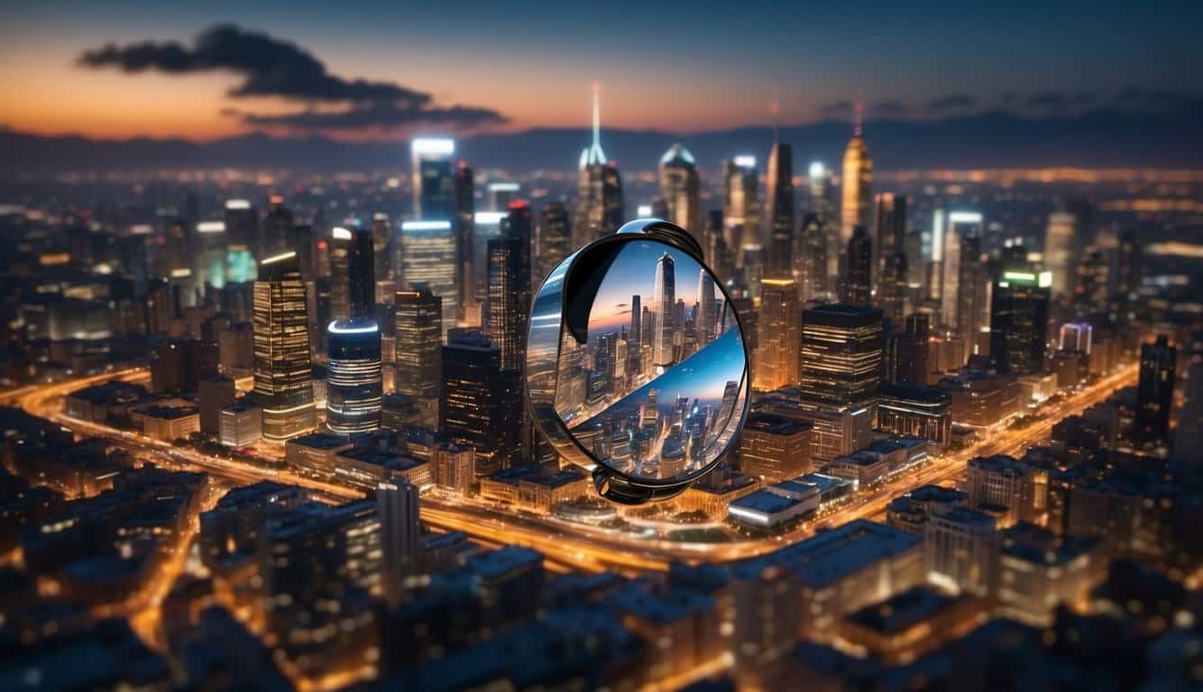 A city skyline with various local businesses, maps, and digital tools like a magnifying glass and computer screen