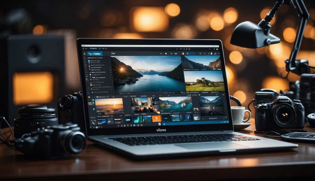 A laptop displaying various video marketing tools, surrounded by icons of cameras, microphones, and editing software