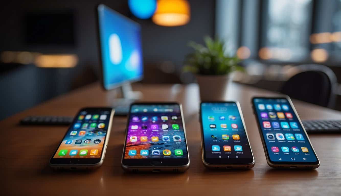 Various mobile devices and marketing platforms arranged on a table with colorful screens and logos. A person's hand is seen tapping on a smartphone