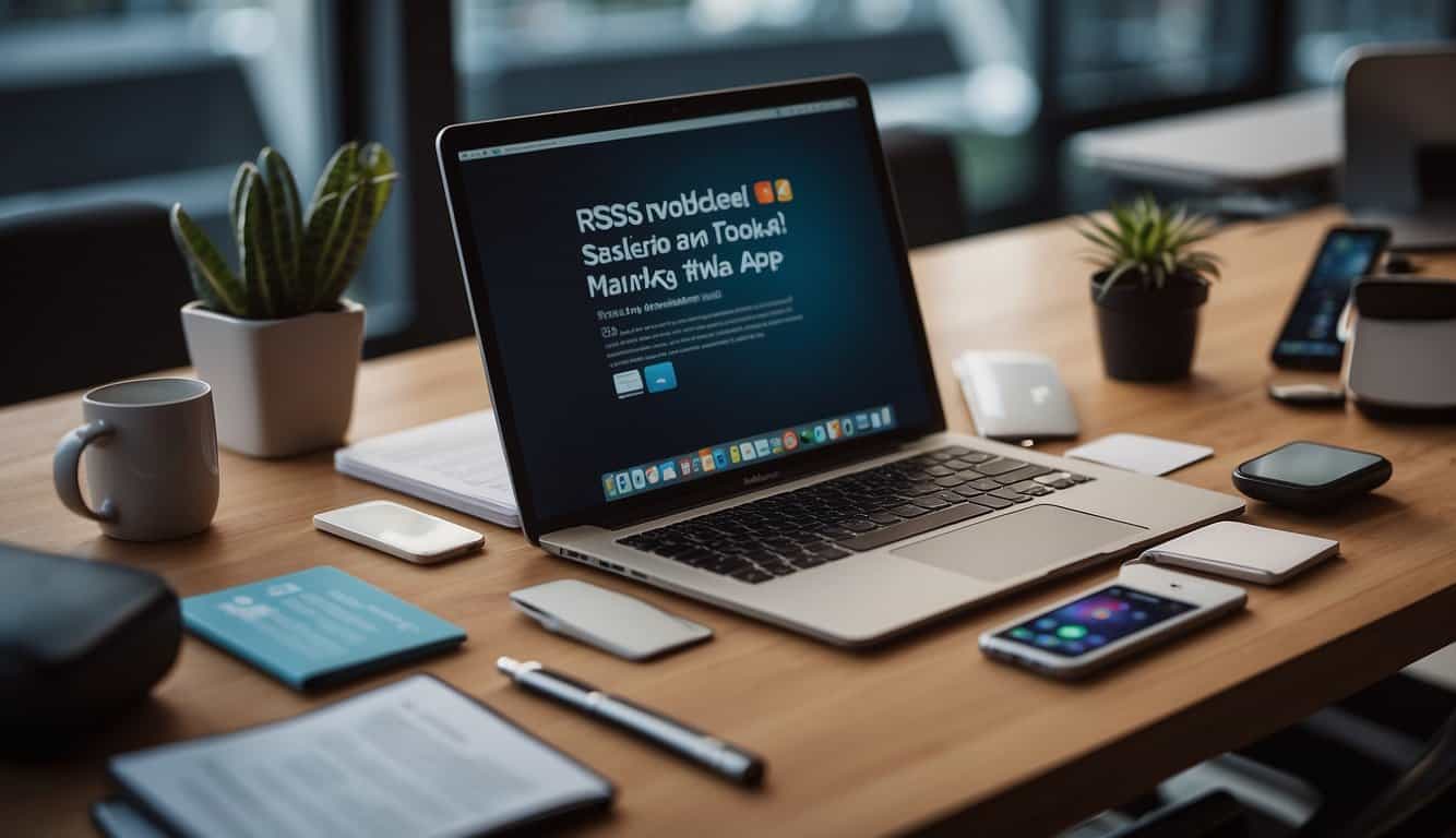 A desk with a computer, surrounded by various content curation tools such as RSS readers, social media schedulers, and bookmarking apps