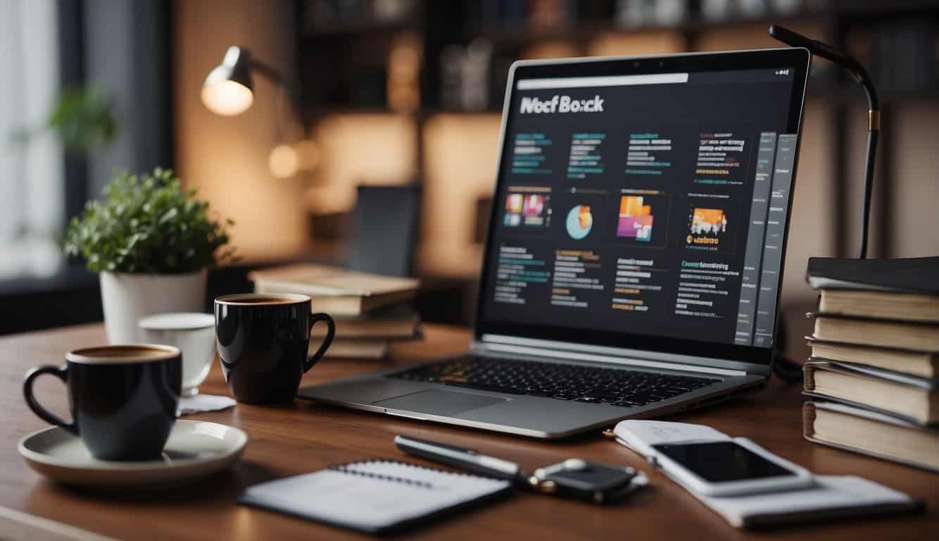 A computer screen displaying a variety of affiliate marketing strategies, surrounded by books, notepads, and a cup of coffee. A growth chart showing increasing success in the background