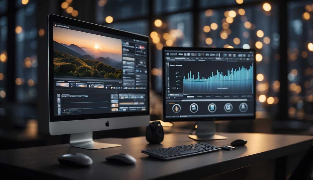 A computer screen displaying video editing software with marketing content. Icons for editing tools and marketing strategies visible
