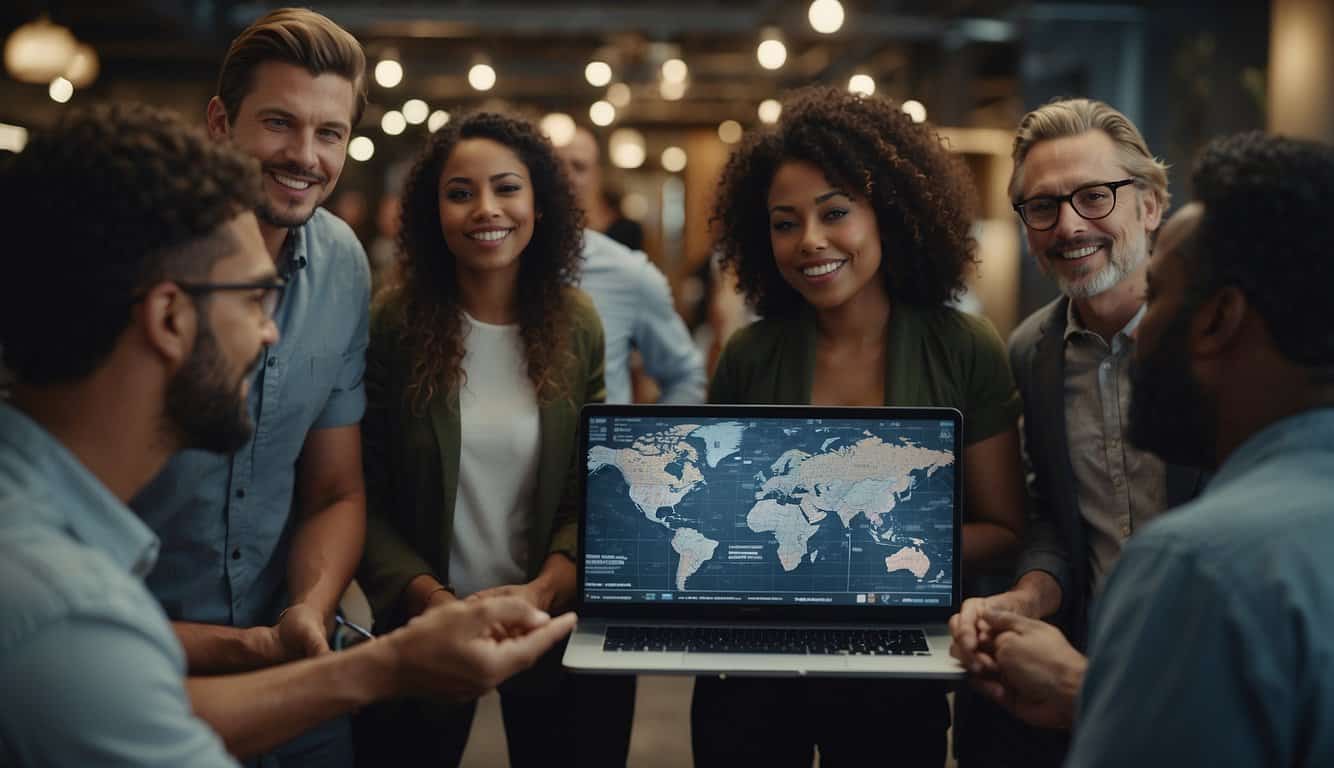 A diverse group of people gather around a digital screen, interacting and sharing content. A sense of community and collaboration is evident in the scene