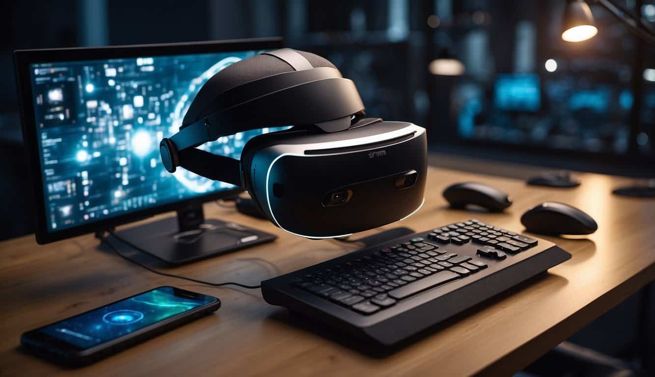A computer with VR software open, surrounded by VR headset, controllers, and a stylus