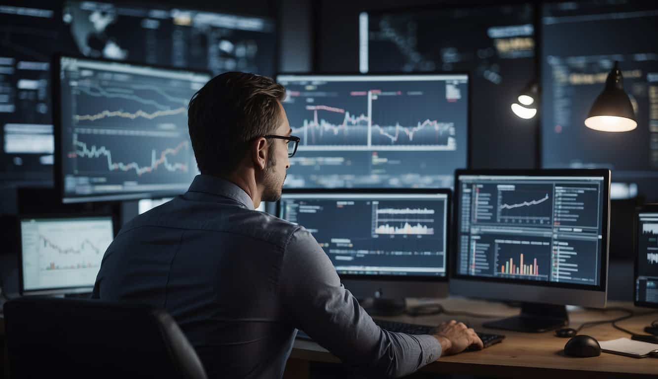 A person comparing different CRM options on a computer screen, surrounded by charts and graphs, with a thoughtful expression