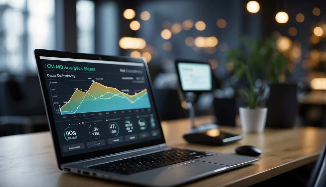A computer screen displays a web analytics dashboard linked to a CRM system, showing data flowing smoothly through a sales funnel