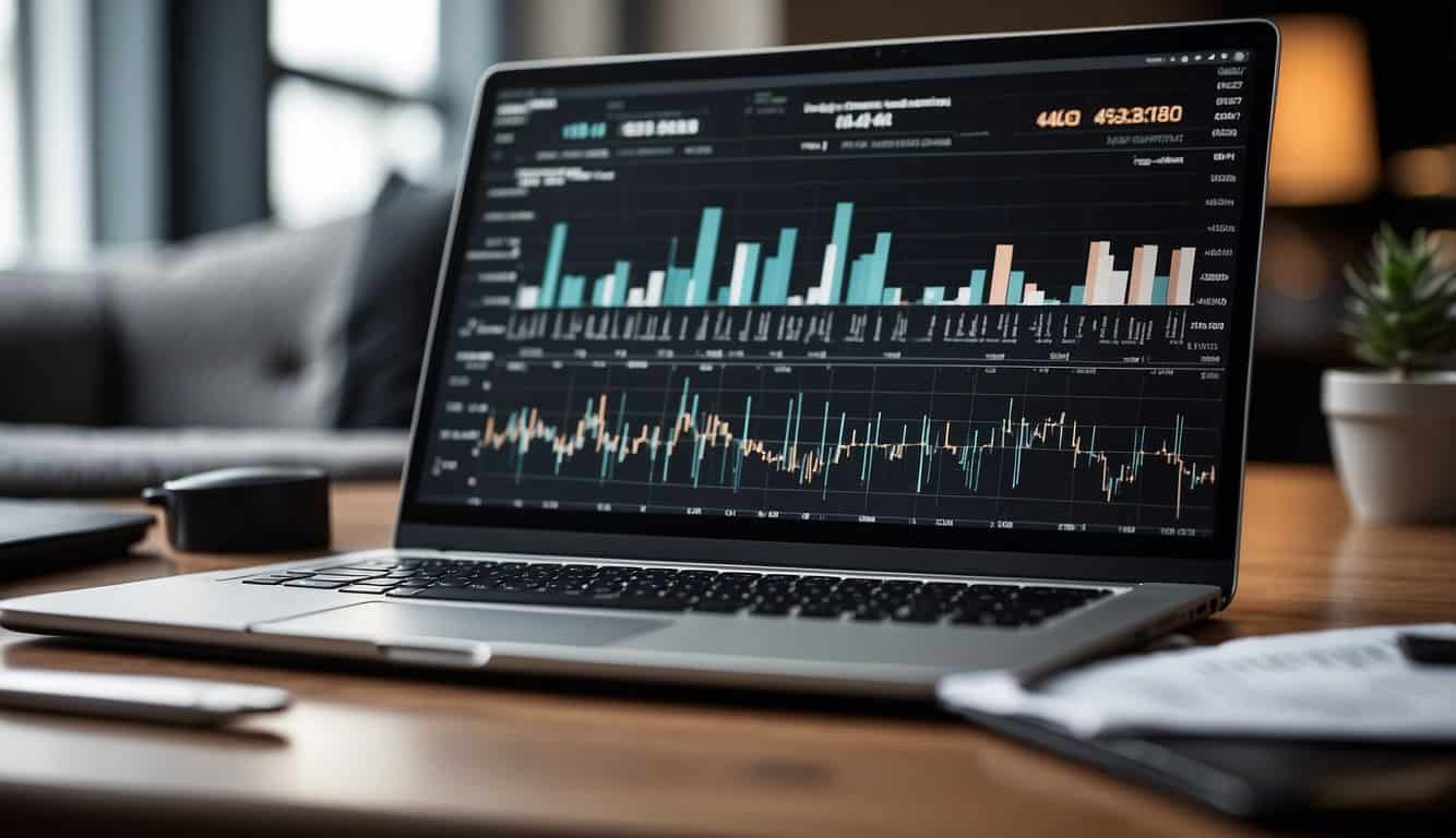 A laptop displaying data charts, surrounded by digital marketing tools and a brainstorming board