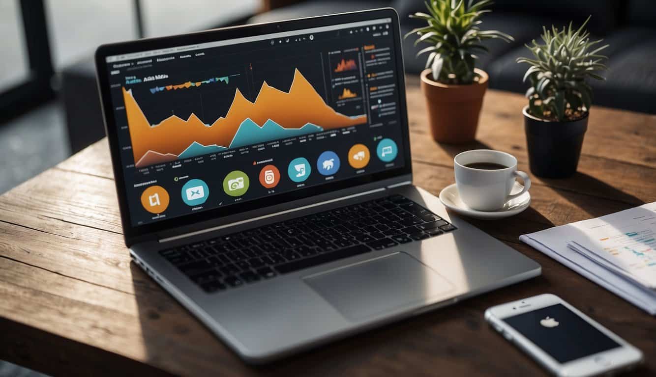 A laptop displaying various social media platforms with brand monitoring tools open, surrounded by charts and graphs showing data analysis