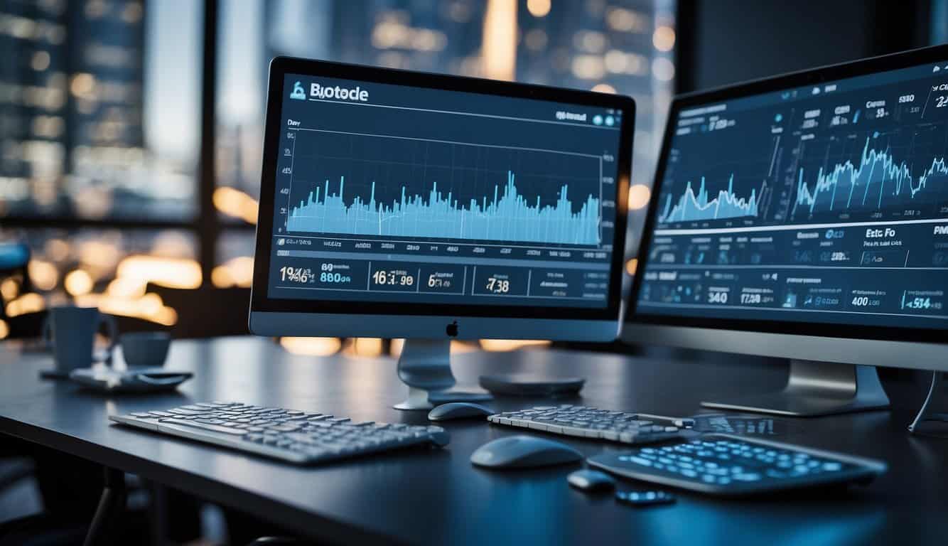 Brand monitoring tools display real-time data on a computer screen, showing graphs, charts, and social media feeds. The interface is sleek and modern, with a color scheme of blues and whites
