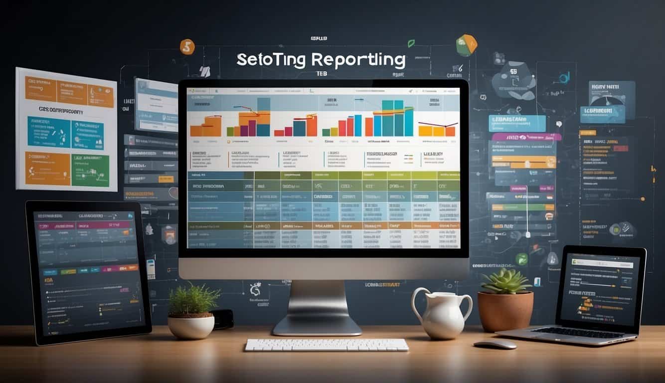 Various SEO reporting tools displayed in a comparison chart with logos and key features highlighted