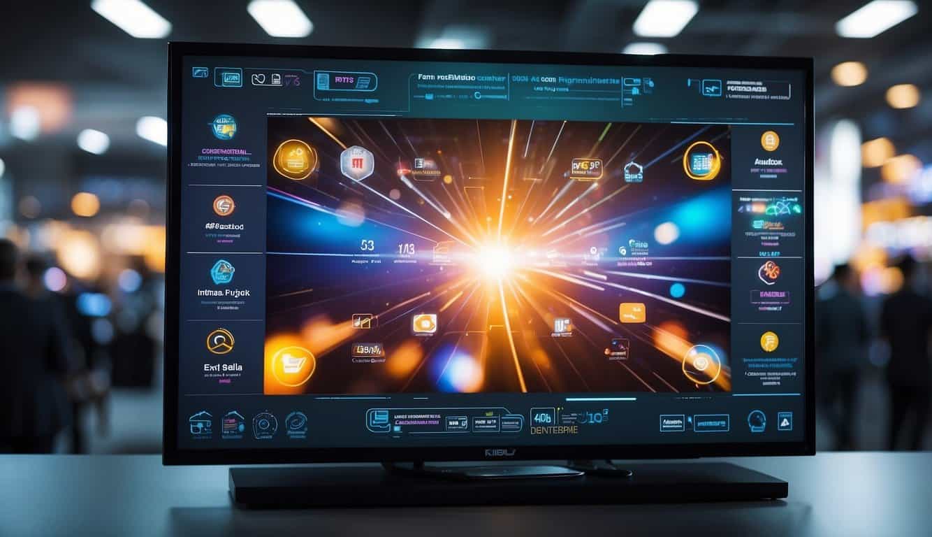 A vibrant digital platform displays event details and registration options, surrounded by dynamic marketing elements