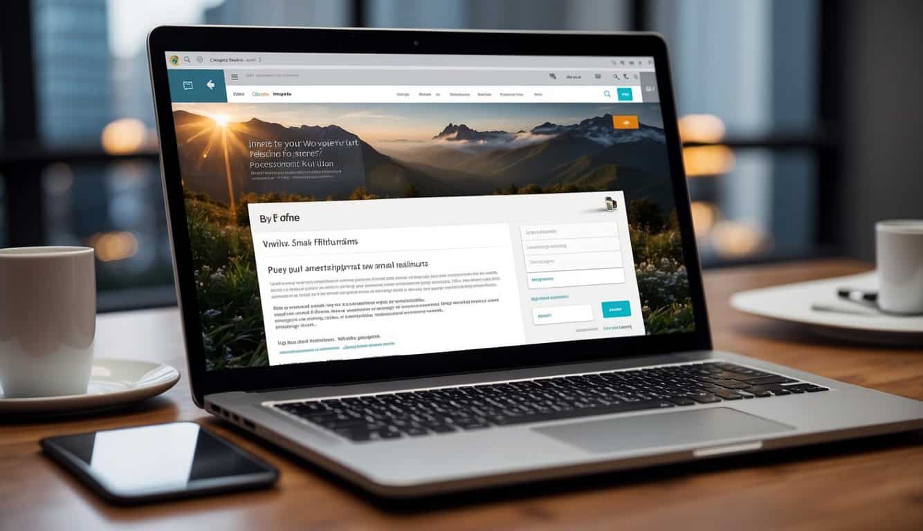 A laptop displaying a sleek and professional opt-in form design, surrounded by various email list building tools such as a pen, notebook, and smartphone