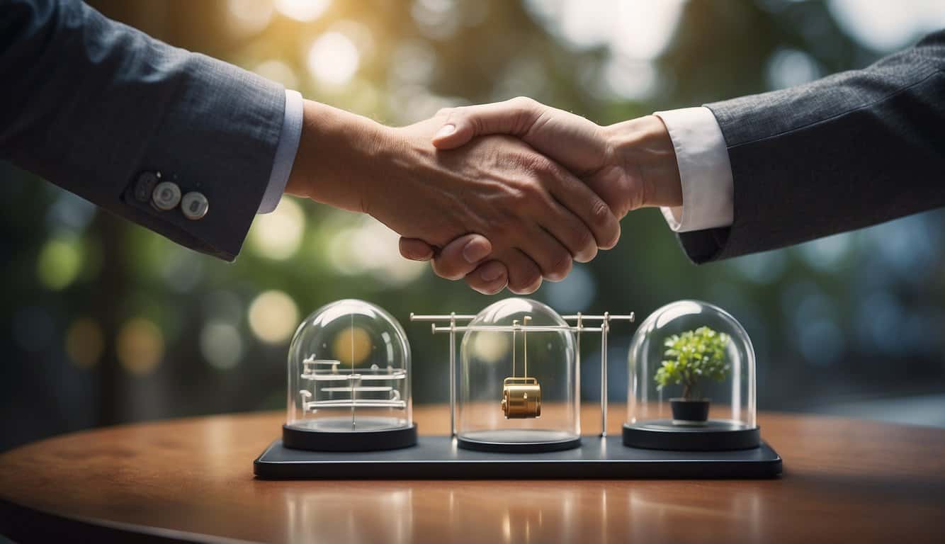 A handshake between a company and an influencer, with a transparent partnership agreement and a scale symbolizing mutual benefit