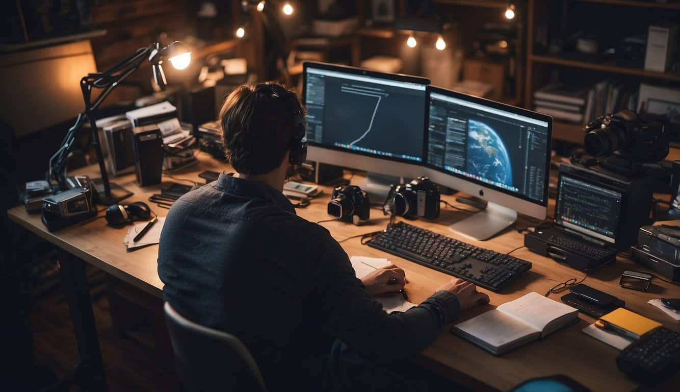 A person sits at a desk surrounded by various content creation tools such as a computer, notebooks, pens, and a camera. The person is deep in thought, pondering which tools to choose