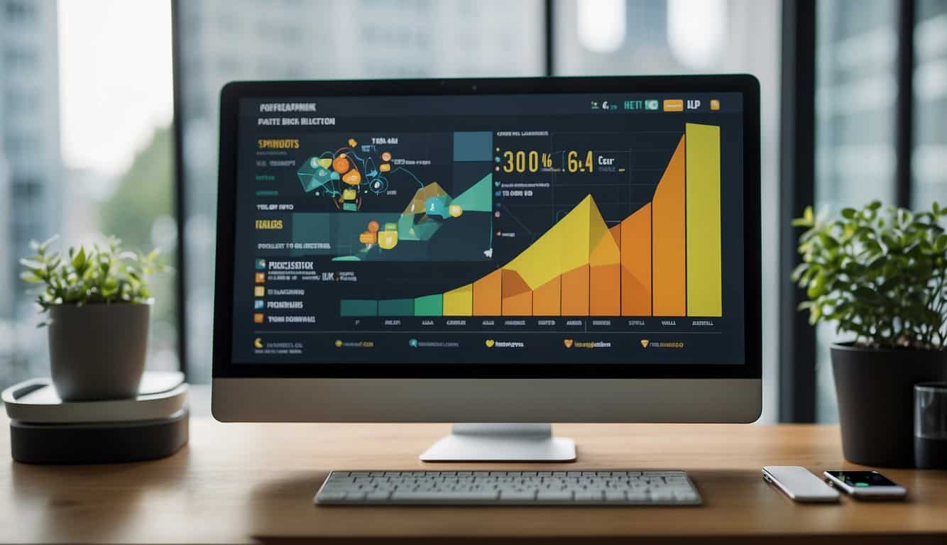 A computer screen displaying various sales funnel tools and features, with charts, graphs, and data visualizations. Icons representing email marketing, lead generation, and conversion optimization are visible