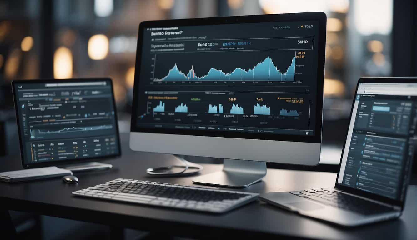 A computer screen displaying SEM tools like keyword research, ad creation, and campaign management. Charts and graphs show performance metrics