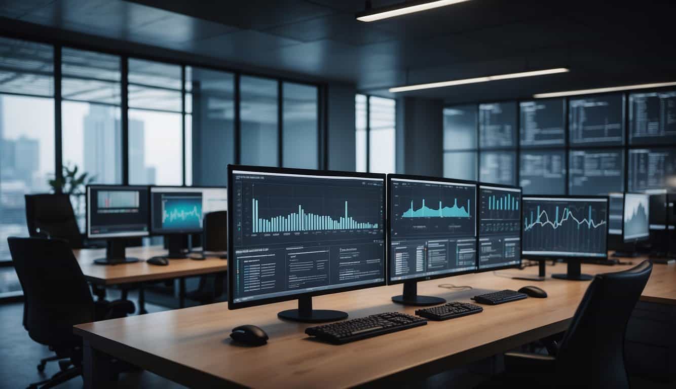 A modern office setting with multiple computer screens displaying CRM data. Charts and graphs show emerging trends. A team collaborates in the background