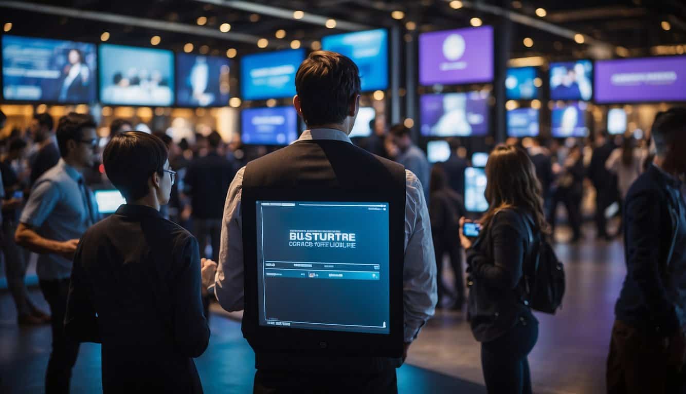 Attendees interact with digital screens, participate in live polls, and engage with interactive booths at a bustling event