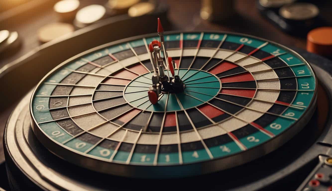 A dart hitting a bullseye on a target board surrounded by various marketing materials and tools