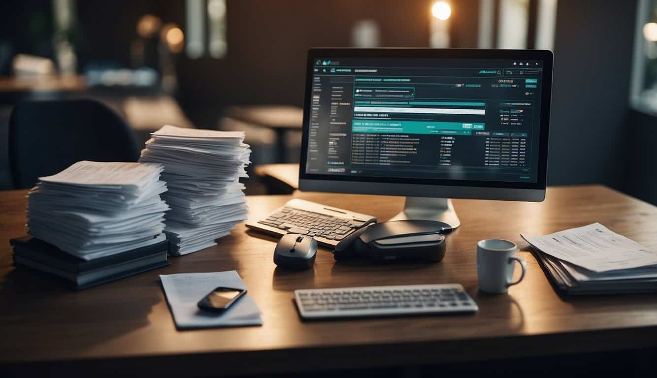 A computer screen displays a secure payment gateway with affiliate transactions processing in real-time. A stack of invoices and receipts sit neatly organized on a desk nearby