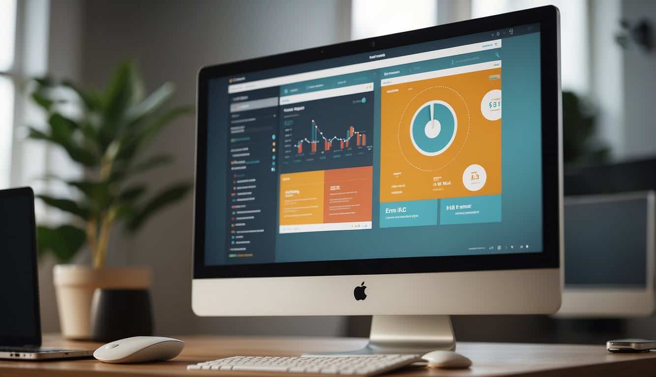 A computer screen showing a well-designed email template with a compelling call-to-action, surrounded by charts and graphs tracking open rates and click-through rates