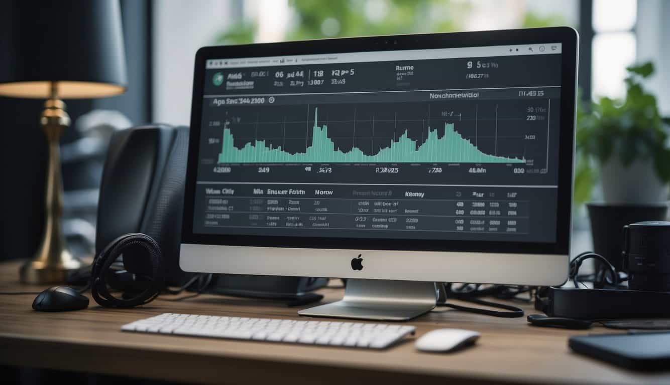 A computer screen displays SEO tools for content optimization, with a ruler measuring success