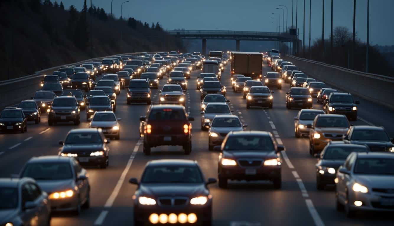 Cars and trucks moving on a busy highway, with data charts and graphs in the background