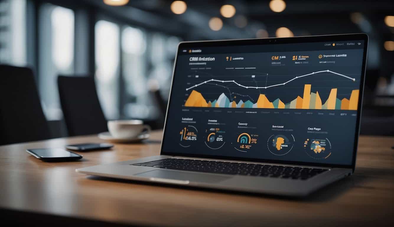 A laptop displaying a landing page with CRM integration. Charts and graphs show performance metrics. A seamless connection between CRM and landing page is depicted