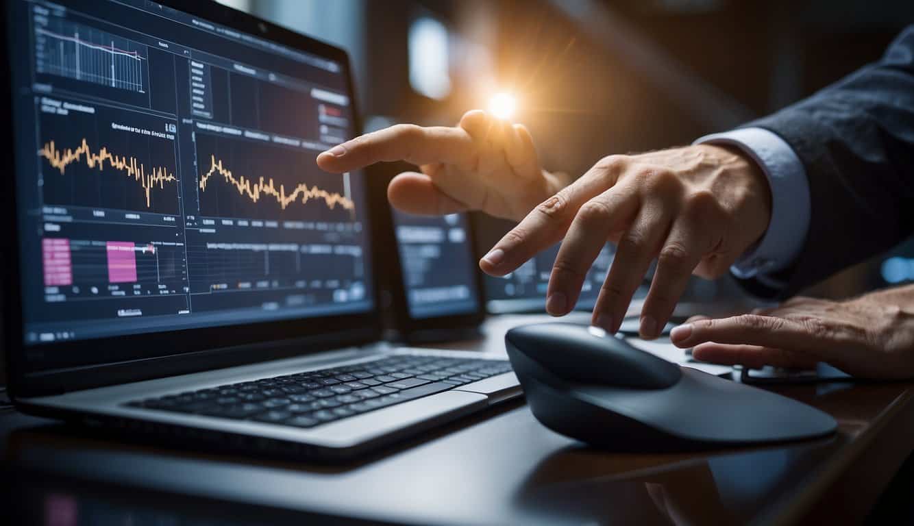 A hand reaching for a computer mouse, with various PPC reporting tools displayed on the screen. Graphs, charts, and data visualizations are visible, showcasing the capabilities of the software