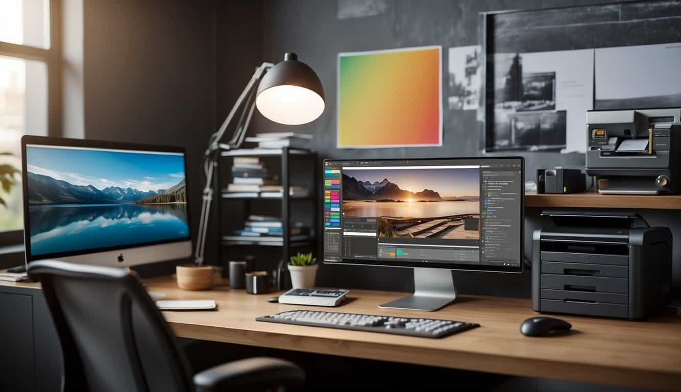 A desk with a computer, printer, color swatches, and layout sketches for print advertising design