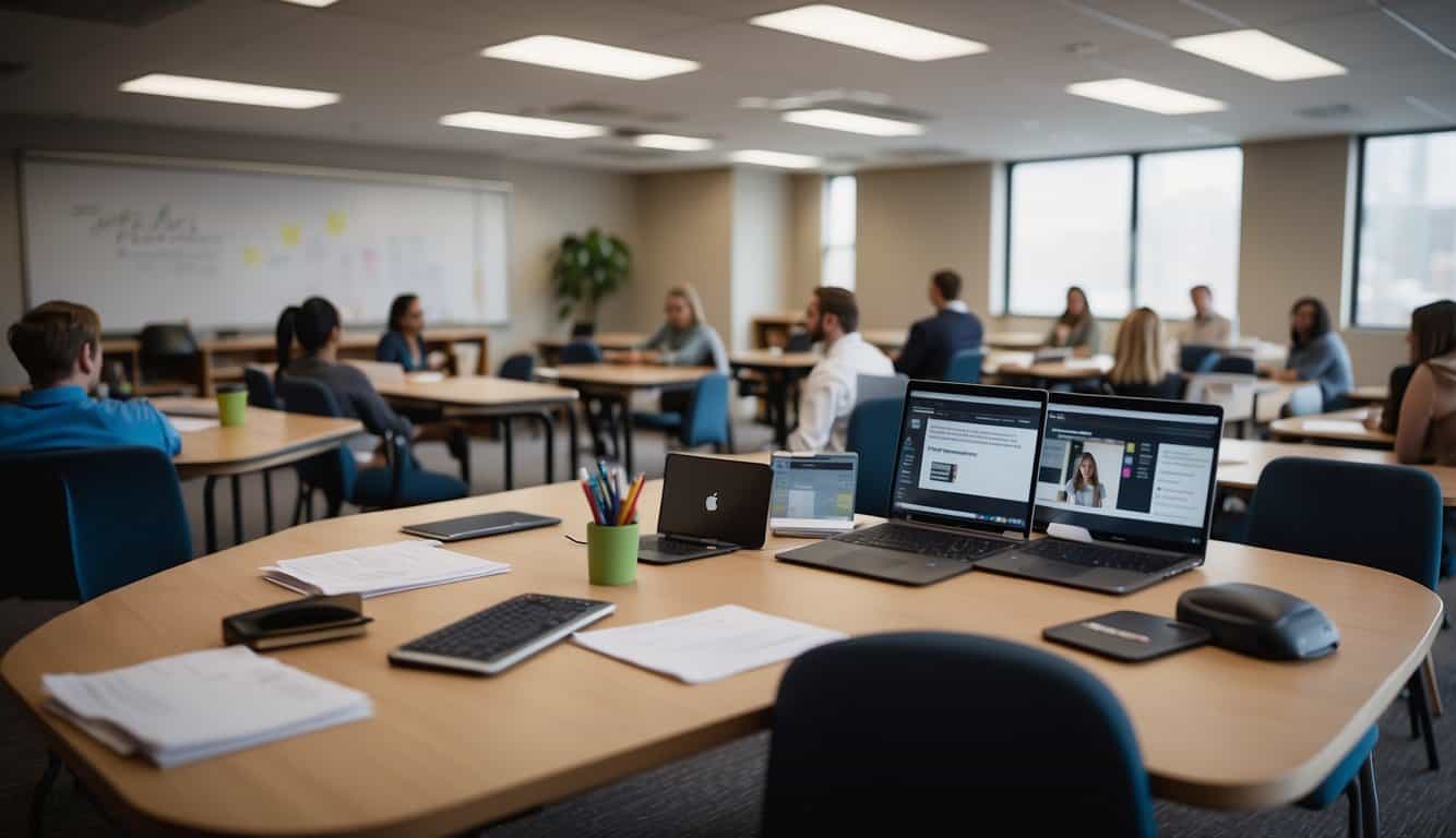 A classroom setting with CRM training materials and resources laid out on tables, while participants engage in interactive skill development activities