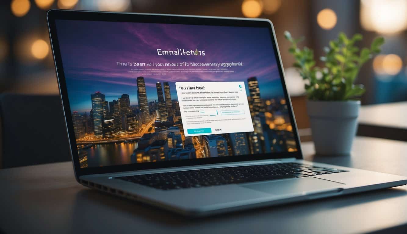 A laptop displaying an engaging email layout with vibrant graphics and concise text, surrounded by open tabs of market research and customer demographics