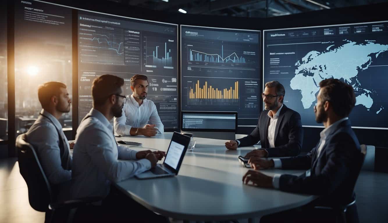 A team of professionals discussing and selecting the best CRM system for their company, with charts and graphs displayed on a large screen