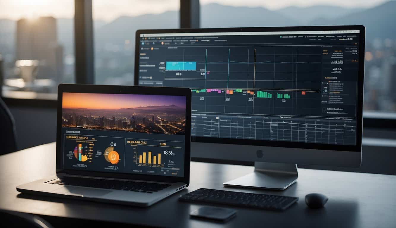 A computer screen displaying a side-by-side comparison of advanced CRM features with charts and graphs