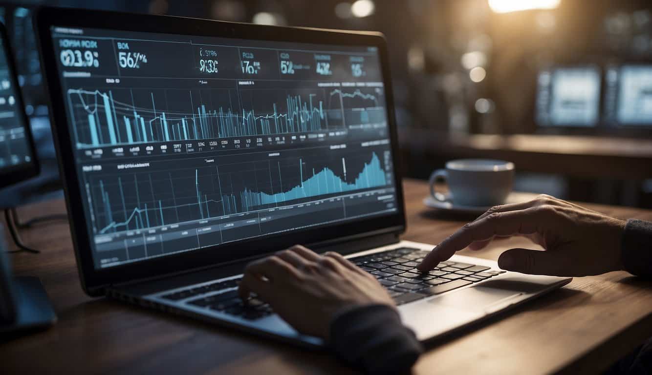 A computer screen displaying various SEO metrics and analytics charts. A hand reaching for a mouse to click on a specific data point