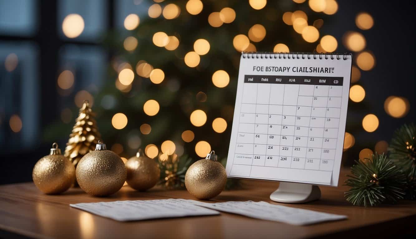 A festive calendar with holiday-themed visuals and a storyboard of campaign ideas displayed on a desk