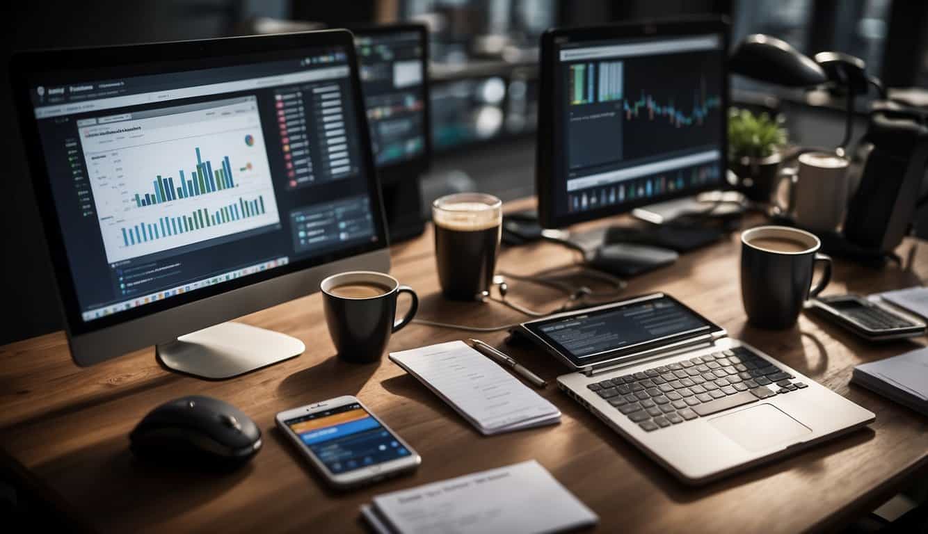A computer screen displaying various multi-channel PPC tools with data and graphs, surrounded by a desk cluttered with notebooks, pens, and a cup of coffee